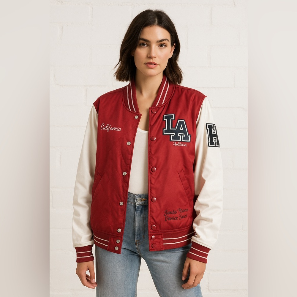 Hollister Red letterman’s jacket. Excellent pre loved condition.  Super fun! SzM